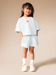 SUMWON Oversized Girls Two Piece T-Shirt And Shorts Set With AMORE Heart Print Summer Casual Lounge Outfit - Blue - View 5