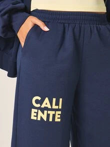 MISSGUIDED Women's Navy Drawstring Sweatpants With Caliente Text Print Casual Relaxed Fit Cuffed Joggers For Loungewear - Royal Blue - View 4