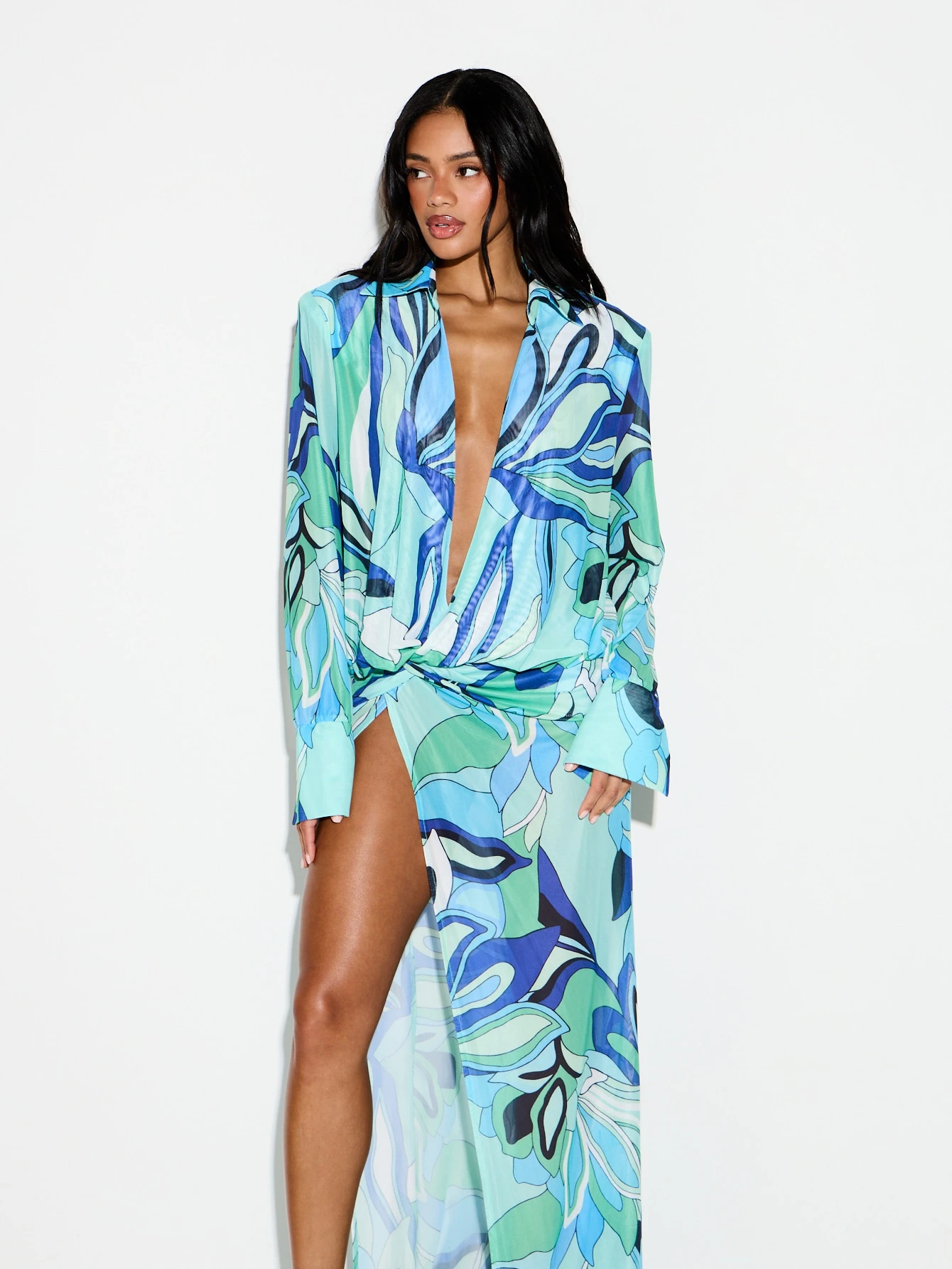 KIZN Abstract Print Maxi Cover Up With Plunge Neckline