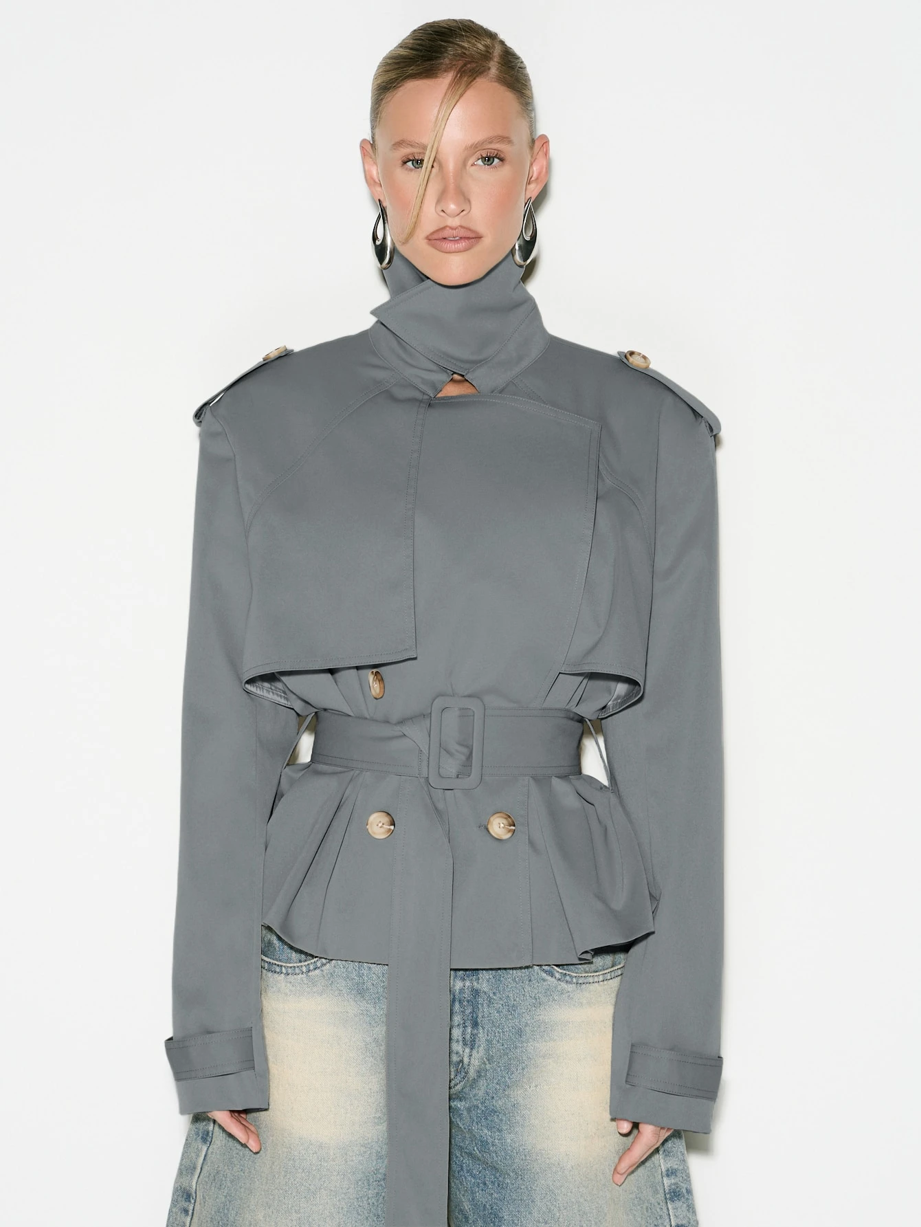 KIZN Shoulder Pad Cropped Trench With Belt