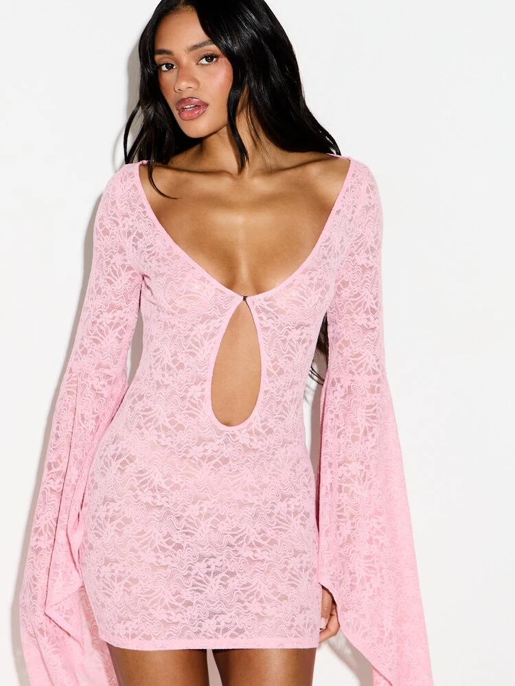KIZN Lace Keyhole Cutout Mini Dress With Dramatic Flared Bell Sleeves And Deep V-Neck For Date Night Party Events