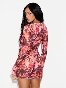 KIZN Mixed Animal Print Long Sleeve Mesh Mini Dress With Round Neckline Fall Winter Bodycon Fitted - Multicolor - View 2