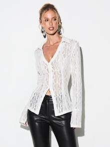 KIZN Lace Up Back Cinched Waist Long Sleeve Button Up Sheer Lace Blouse With V Neck - White - View 5
