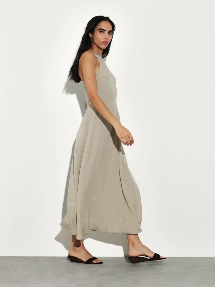 KSTM Damen ärmelloses Maxikleid mit rundem Ausschnitt, lässiges langes A-Linien Sommerkleid, fließend, knöchellang, Urlaubskleid für den Strand