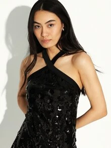 KSTM Black Sequin Cross Neck Halter Mini Dress Bodycon Party Evening Sparkle Glitter Sleeveless Holiday New Year Celebration - Black - View 5