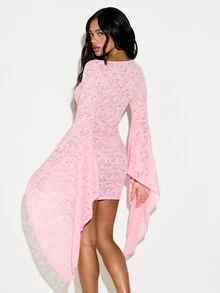 KIZN Lace Keyhole Cutout Mini Dress With Dramatic Flared Bell Sleeves And Deep V-Neck For Date Night Party Events - Pink - View 2