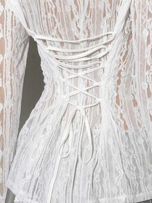 KIZN Lace Up Back Cinched Waist Long Sleeve Button Up Sheer Lace Blouse With V Neck - White - View 7