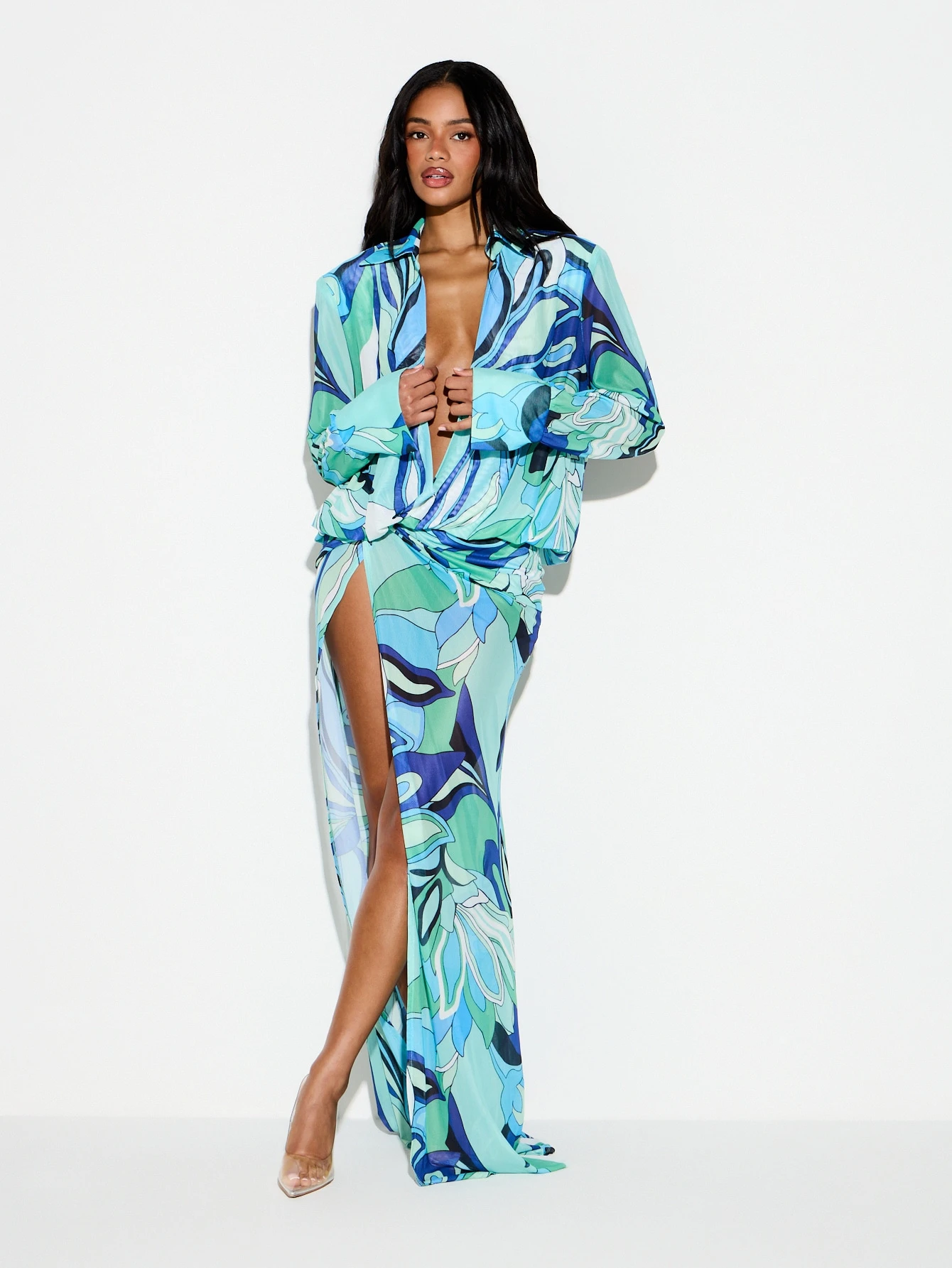 KIZN Abstract Print Maxi Cover Up With Plunge Neckline