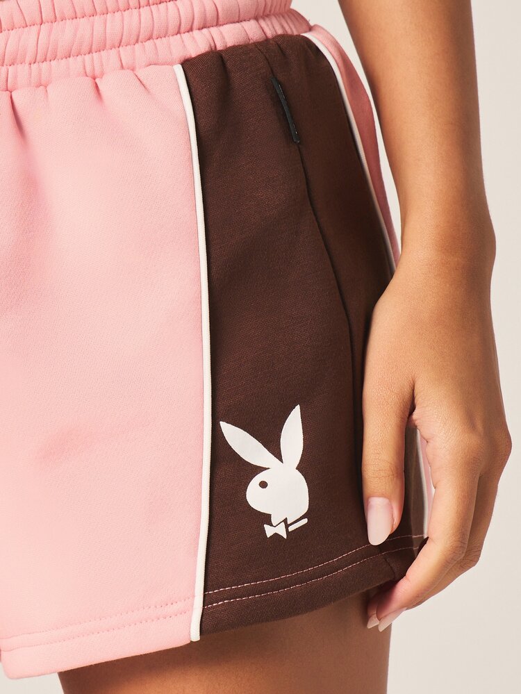 Missguided x Playboy Pantalones cortos deportivos de verano casuales con cordón, panel de contraste y estampado de bloque de color con logo de conejo