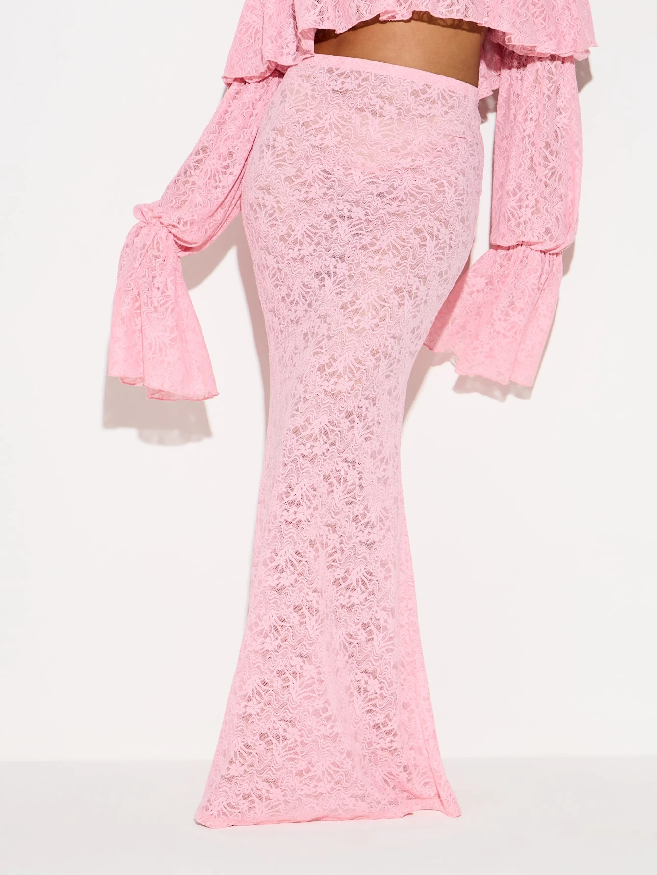 KIZN Pink Lace Fishtail Maxi Skirt With Ruffles