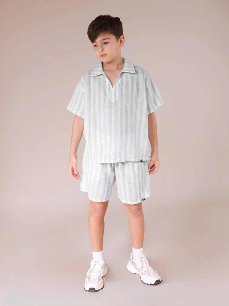 Jungen gestreiftes Kurzarm Hemd und Shorts Koordinations-Set, Sommer Lässig strukturierte Outfit für Kinder im Teenager-Alter