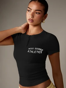 MISSGUIDED Women's Athletics Button Down Short Sleeve Crop Top With Ribbed Texture And Center Placket - Black - View 1