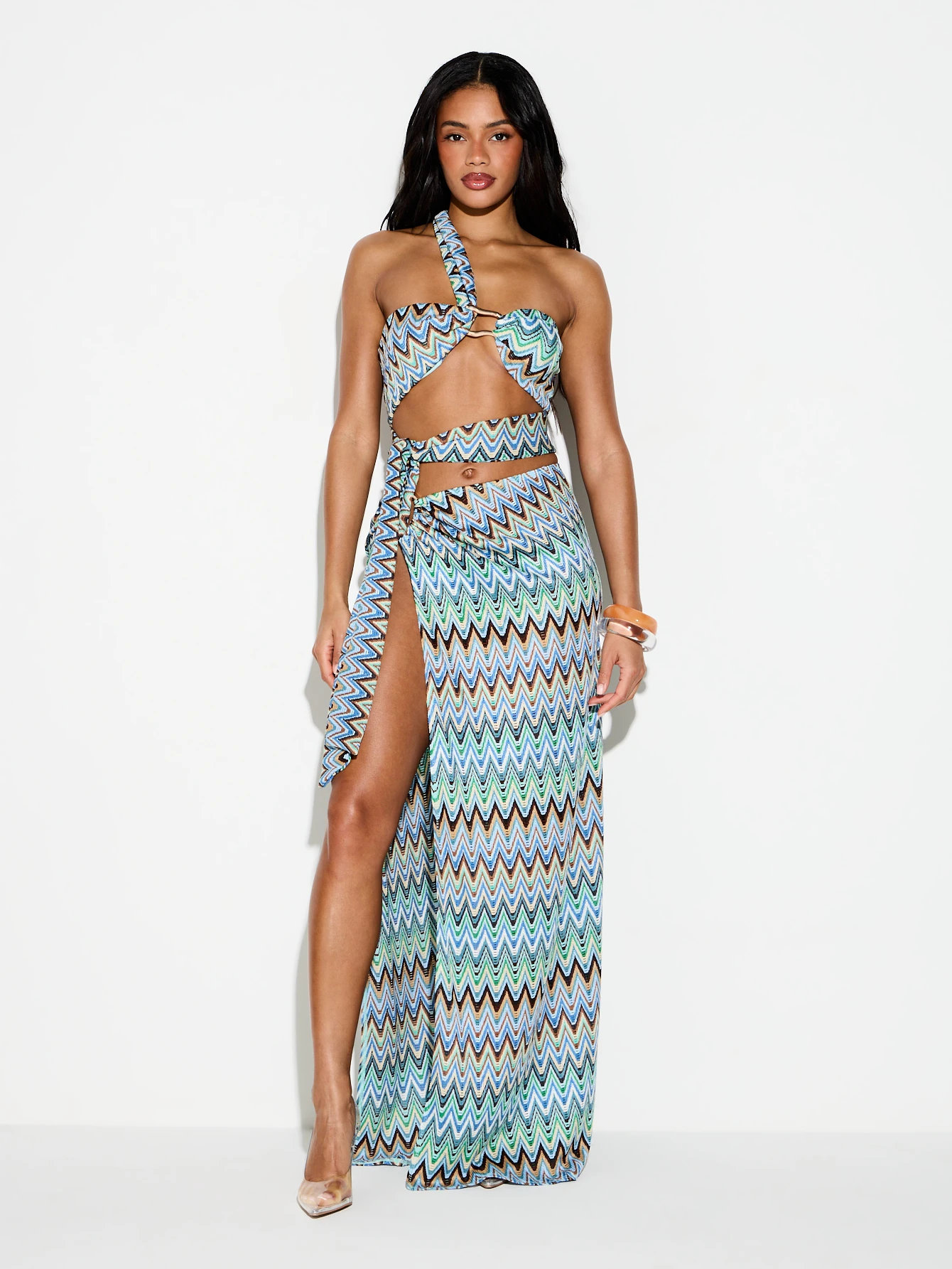 KIZN Zigzag One Shoulder Crop Top With Cutouts