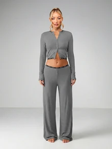 MISSGUIDED Pantalones de pijama acanalados para mujer con botones frontales y cintura alta, ropa de dormir y de estar por casa - Gris - Ver 4