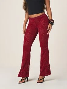 MISSGUIDED Women's Red Lace Flare Pants With Low Rise Fit And Wide Leg Bell Bottom Style - Burgundy - View 2