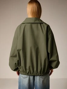 AiiRZ Women's Oversized Utility Jacket With Front Cargo Pockets And Quarter Zip Pullover Design For Casual Spring Fall Layering - Olive Green - View 2