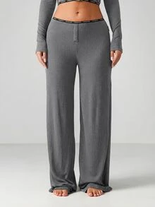 MISSGUIDED Pantalones de pijama acanalados para mujer con botones frontales y cintura alta, ropa de dormir y de estar por casa - Gris - Ver 5