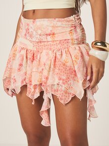 MISSGUIDED 女士网纱印花迷你荷叶边半身裙 高腰不对称手帕下摆系带细节 夏季波西米亚风 - 彩色 - 查看 1