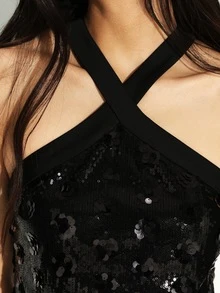 KSTM Black Sequin Cross Neck Halter Mini Dress Bodycon Party Evening Sparkle Glitter Sleeveless Holiday New Year Celebration - Black - View 6