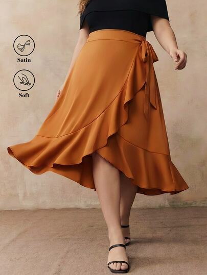  ELLERISSA 大码女士办公室职业装中长裙，焦橙色柔软缎面裹身高腰系带荷叶边裙摆半身裙，商务休闲春夏工作约会晚宴百搭装扮，曲线裙，大码荷叶边下摆办公室半身裙