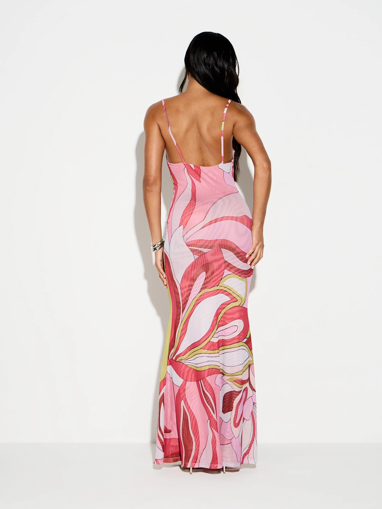 KIZN Abstract Print Mesh Cowl Neck Maxi Dress