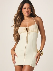 MISSGUIDED Halter Neck Mini Dress With Tie Front Bust Detail Corset Body Sleeveless Bodycon Summer Party Golf Evening Chiffon White Sexy - Apricot - View 1