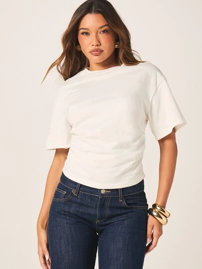 MISSGUIDED Women's Boxy Oversized Short Sleeve Cinched T-Shirt Casual Everyday Basic Crew Neck Cotton Relaxed Fit Top