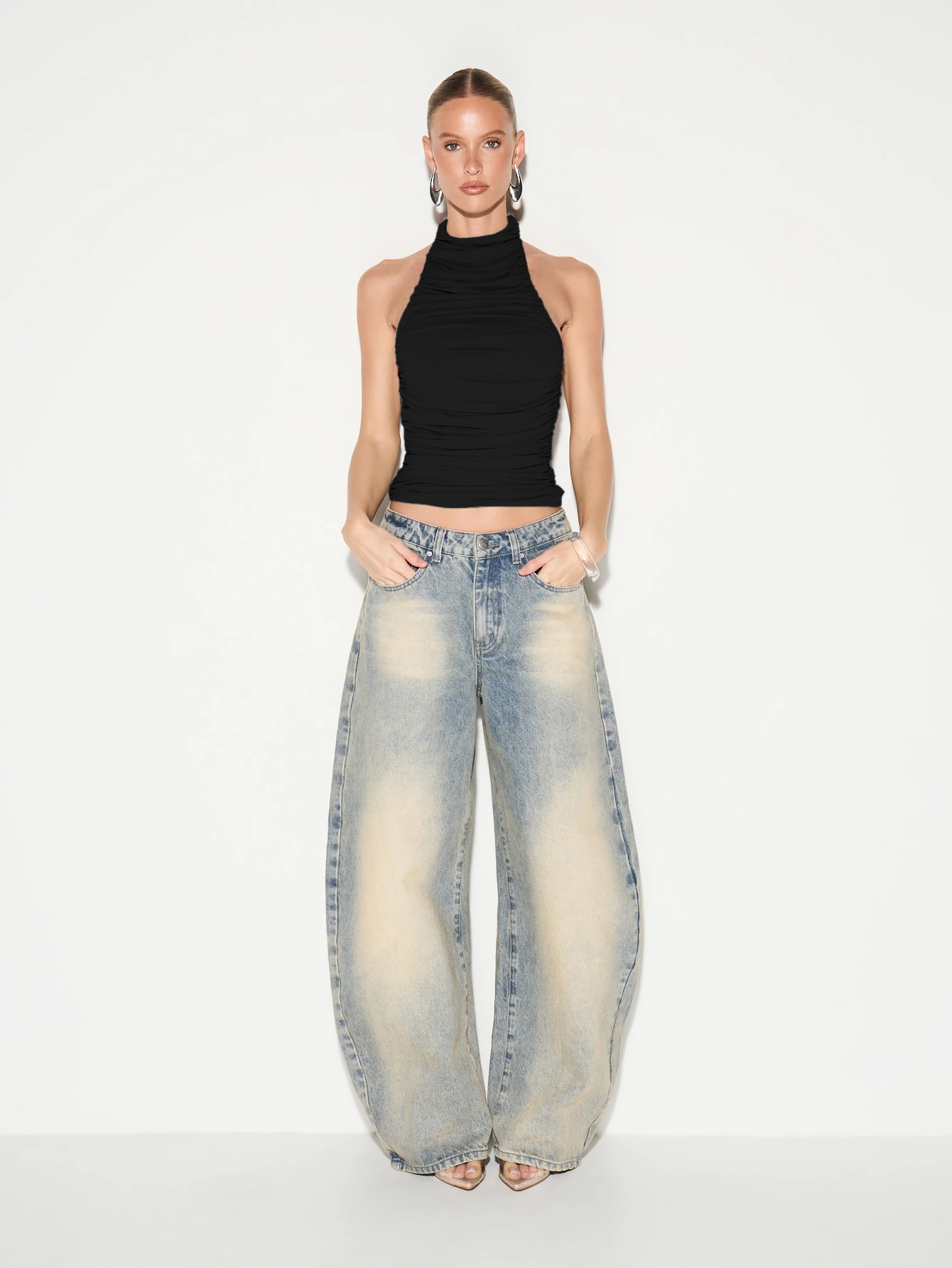 KIZN Slinky Halter Neck Tank Top With Ruched Detail