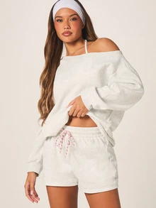 MISSGUIDED Bộ đồ thể thao nữ Jersey gồm áo sweatshirt trễ vai và quần short cạp cao có dây rút, kiểu dáng hai mảnh, thích hợp mặc ở nhà. - Màu Xám nhạt - Xem 1