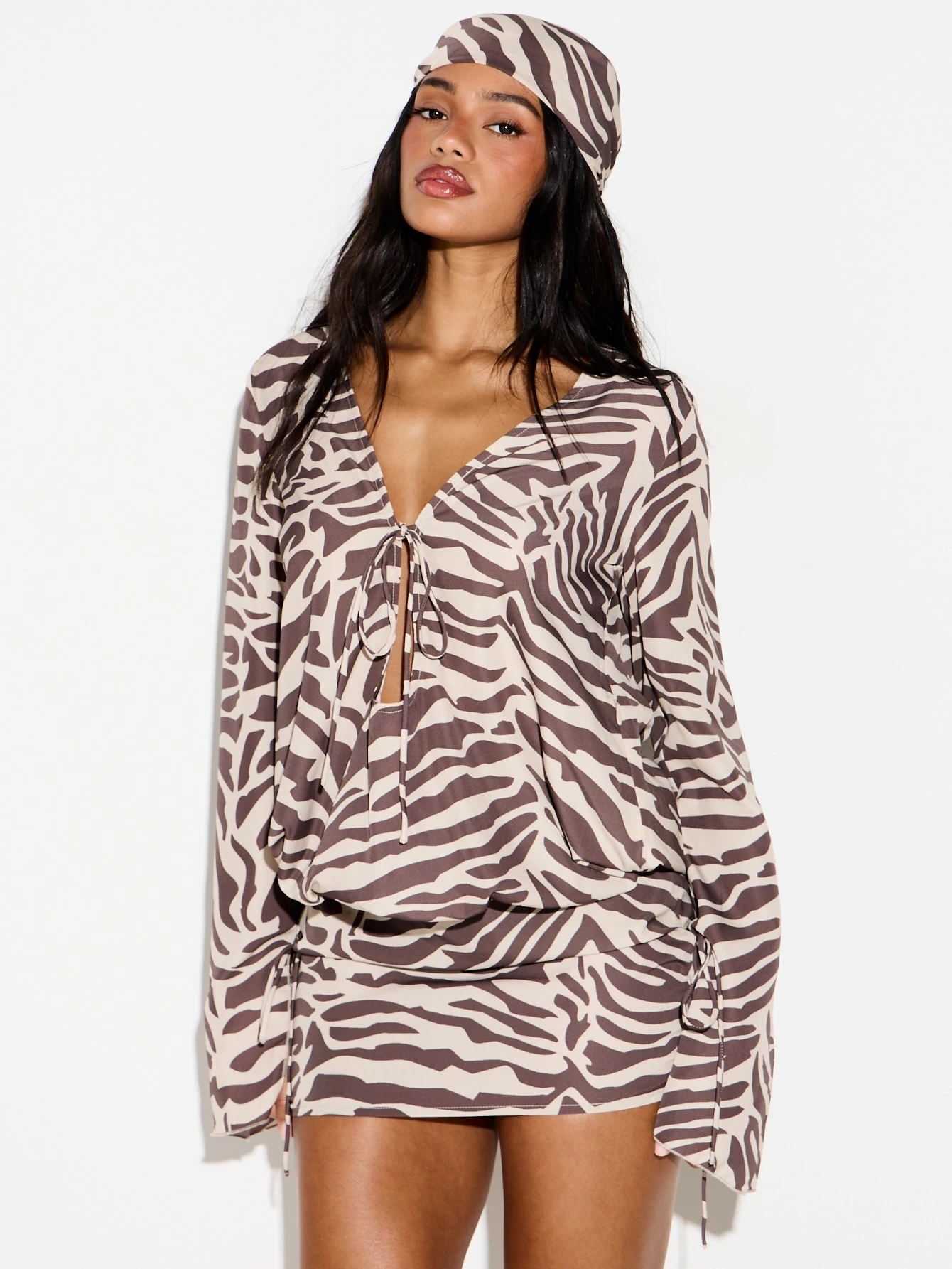 KIZN Zebra Print Mini Dress With Tie Detail
