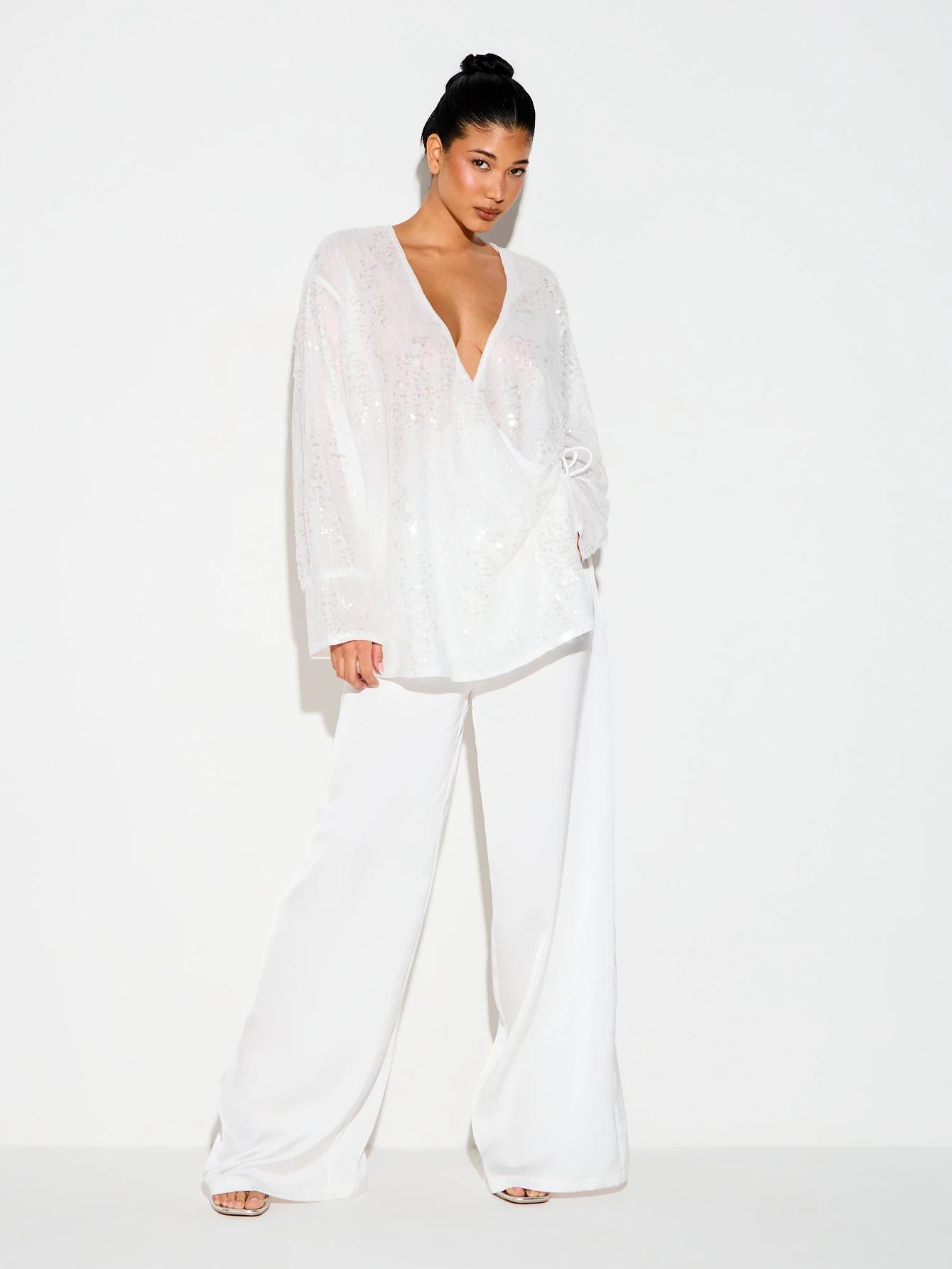 KIZN White Sequin Wrap Blouse With Deep V-Neck