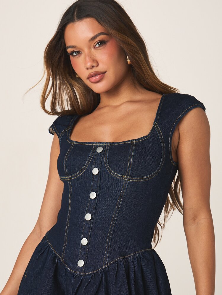 MISSGUIDED Denim Cap Sleeve Square Neck Button Front Mini Bubble Hem Dress With Smocked Back Detail