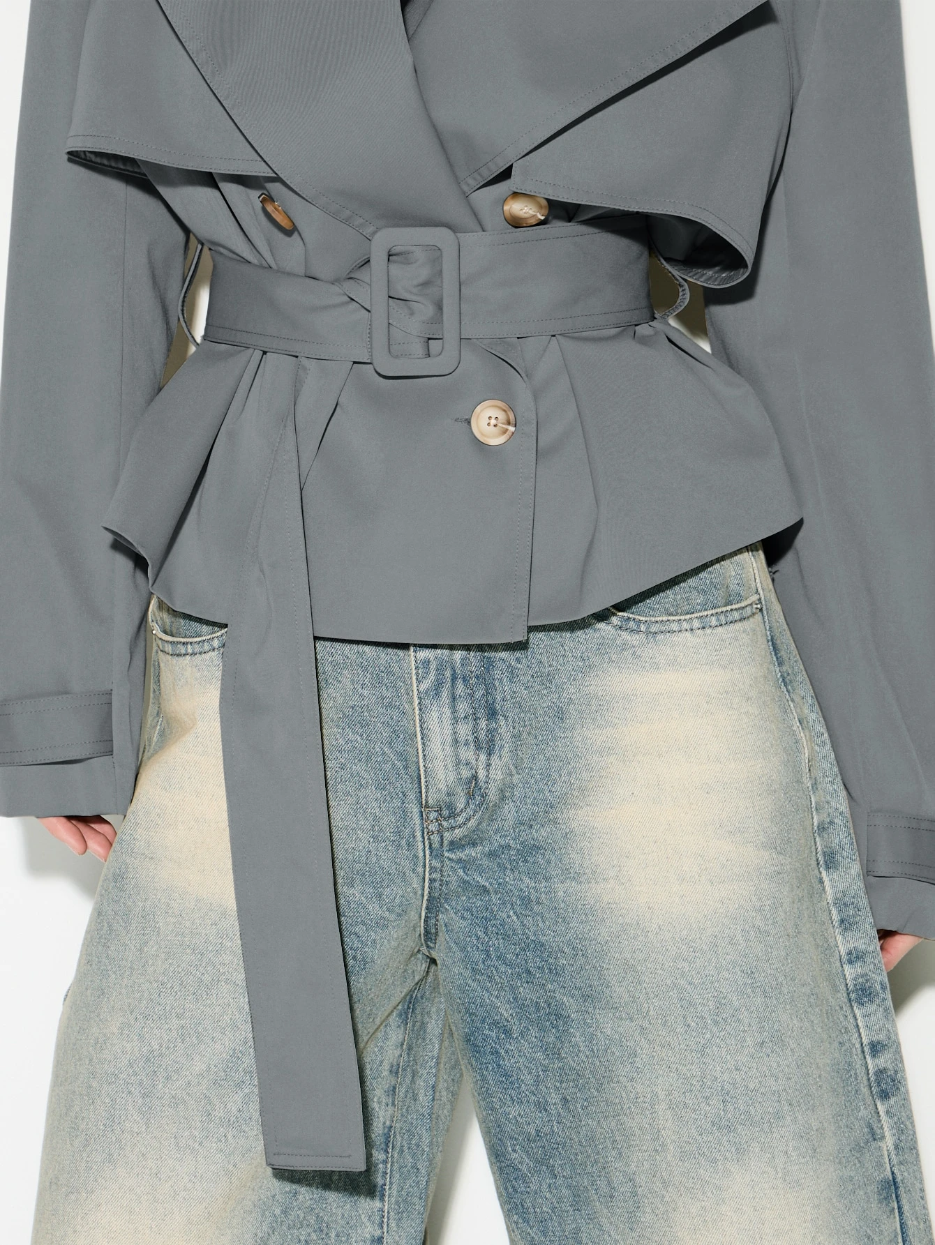 KIZN Shoulder Pad Cropped Trench With Belt