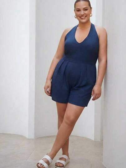  ELLERISSA Plus Size Curve Romper For Women, Navy Blue Halter Neck Deep V Tie Back Smocked Waist Textured Fabric Short Jumpsuit, Casual Spring Summer Vacation Beach Comfy Outfit, Plus Size Jumpsuits For Women, Halter Neck Romper