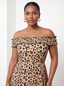 ELLERISSA Plus Size Womens Black Summer Tropical Wedding Guest Holiday Animal Cheetah Print Boho Off The Shoulder Waisted Midi Beach Casual Dress - Brown - View 6