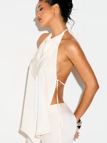 KIZN Top sin espalda de satén con cuello de cowl, halter, elegante, sin mangas, para fiestas, verano, vacaciones y clubes - Albaricoque - Ver 4