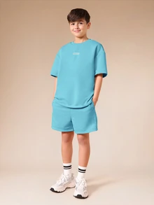 SUMWON Setelan Kaos Lengan Pendek dan Celana Pendek Motif Logo Biru Tosca untuk Anak Laki-Laki, Pakaian Kasual Musim Panas - Hijau - View 2