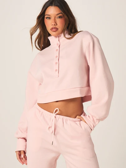 MISSGUIDED Women's Pink Button Front Collared Sweatshirt With Long Sleeves And Cropped Fit For Casual Fall Winter Outfits