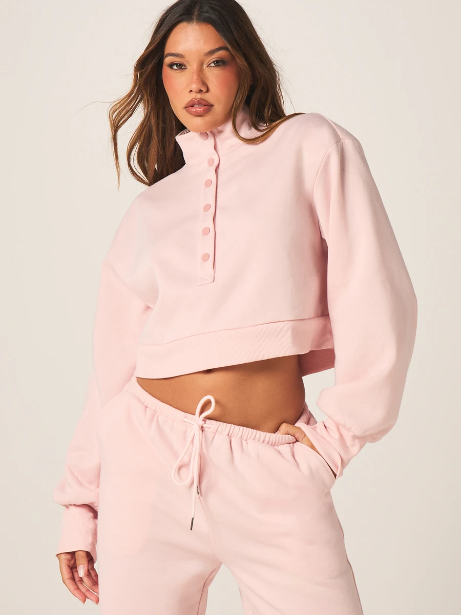 MISSGUIDED Women's Pink Button Front Collared Sweatshirt With Long Sleeves And Cropped Fit For Casual Fall Winter Outfits - Pink - View 1