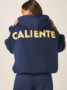 MISSGUIDED 女士海军蓝全拉链连帽衫，饰有 CALIENTE 印花，宽松版型，长袖休闲秋冬卫衣 - 藍色 - 查看 1