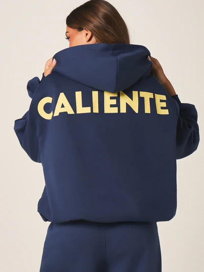 MISSGUIDED 女士海军蓝全拉链连帽衫，饰有 CALIENTE 印花，宽松版型，长袖休闲秋冬卫衣