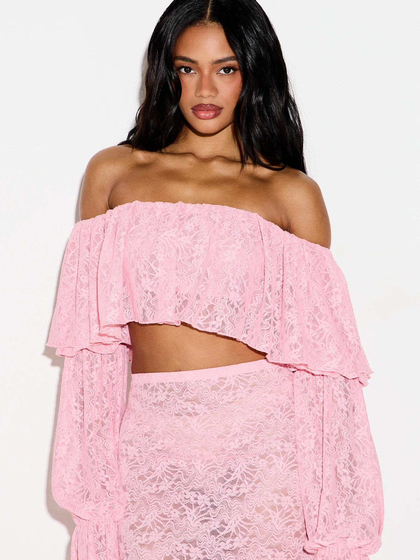 KIZN Pink Lace Off Shoulder Frill Crop Top