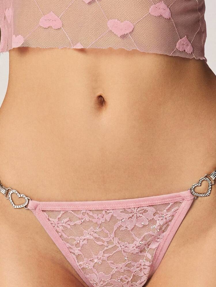 MISSGUIDED Spitzen-Herz-Muster Slips mit dekorativer Metall-Herz-Kette, Valentinstag Dessous für besondere Anlässe