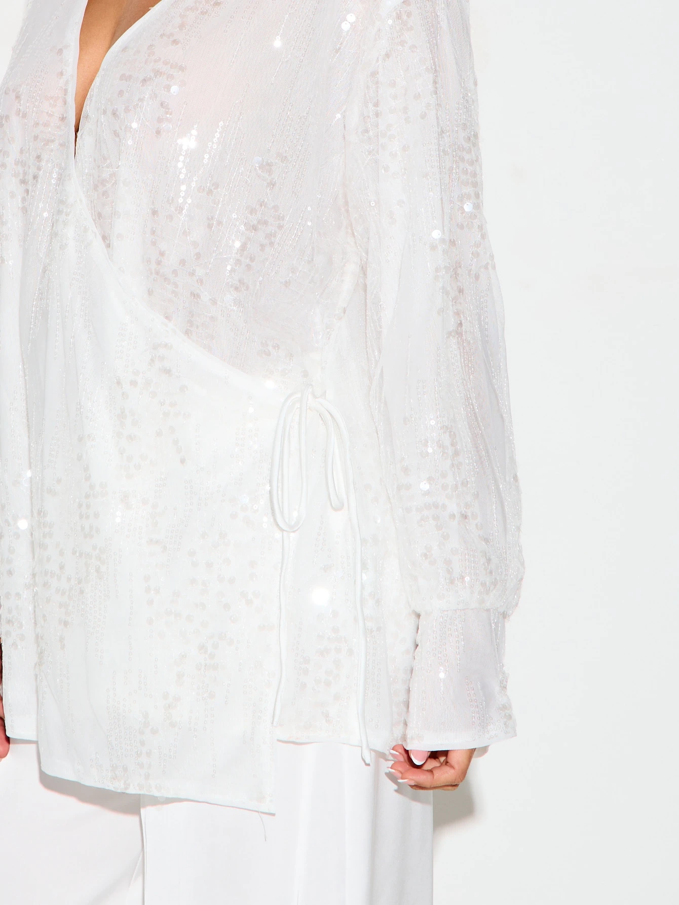 KIZN White Sequin Wrap Blouse With Deep V-Neck