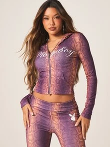 Missguided x Playboy Áo khoác nỉ dài tay dáng ngắn ôm sát in họa tiết da rắn màu tím dành cho nữ, có khóa kéo và dây rút. - Nhiều màu - Xem 1