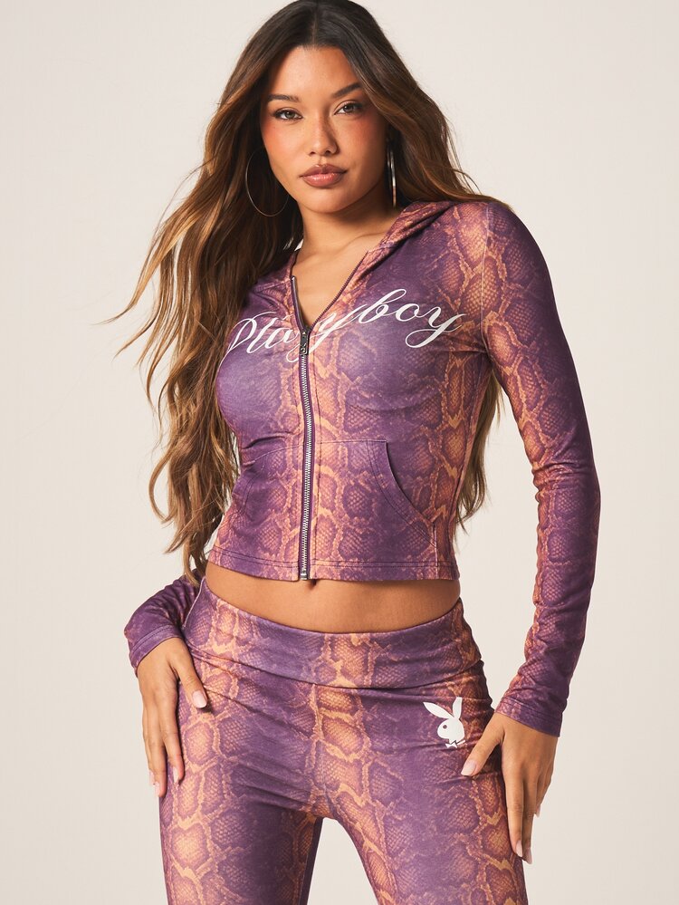 Missguided x Playboy Women's Snake Print Purple Fitted Cropped Zip Up Hoodie With Drawstring Long Sleeve Sweatshirt Jacket
