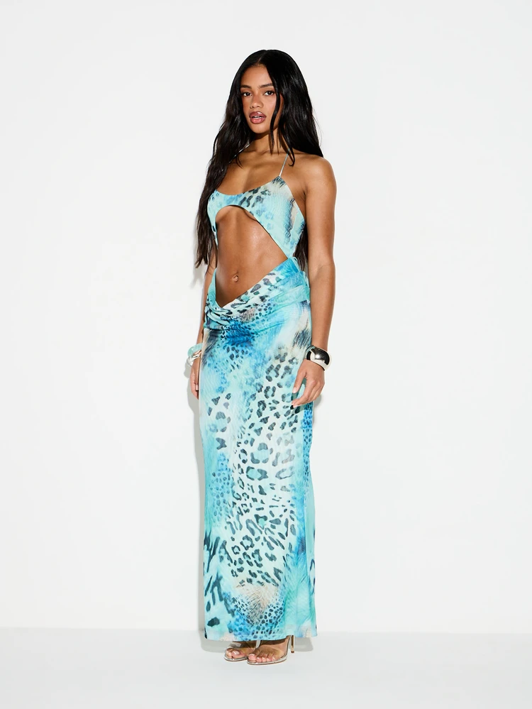 KIZN Women's Halter Neck Cut Out Drape Maxi Dress Blue Tie Dye Animal Print Floor Length Evening Party Summer Vacation Beach Resort Bodycon Sleeveless Backless