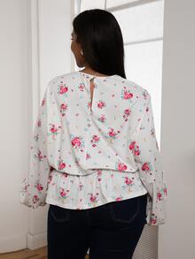 ELLERISSA Curve Elegant Twist Neck Floral Blouson Top For Women,White Pink Rose Print Peplum Blouse,Plus Size Autumn Office Wear Tea Party Long Sleeve - White - View 6