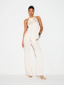 KIZN Women's Luxurious Cream Satin Wide Leg High Rise Puddle Hem Trousers Palazzo Pants For Evening Formal Occasions - Apricot - View 3