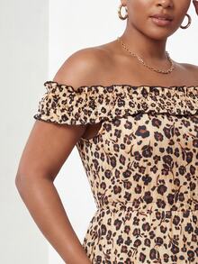 ELLERISSA Plus Size Womens Black Summer Tropical Wedding Guest Holiday Animal Cheetah Print Boho Off The Shoulder Waisted Midi Beach Casual Dress - Brown - View 7